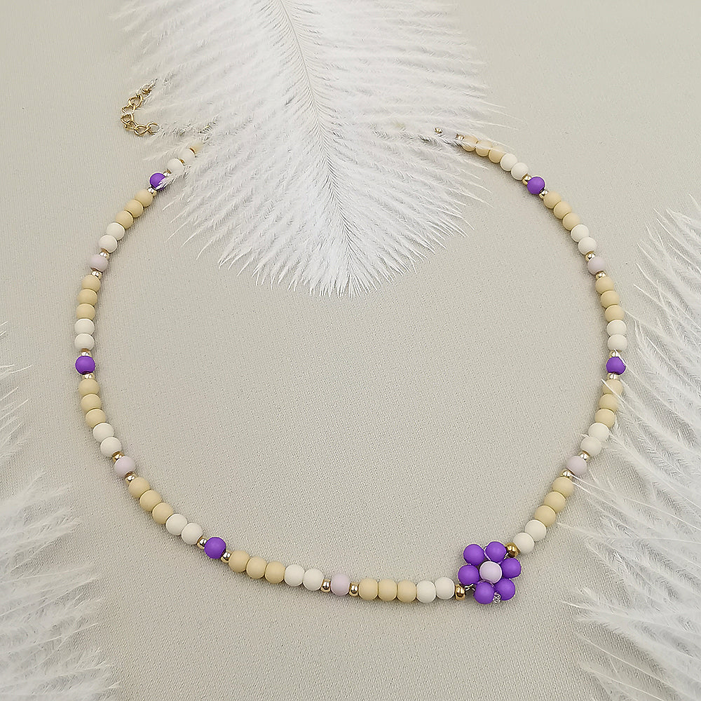 Collana da donna choker colore beige viola con fiorellino centrale 35cm +5cm Oro