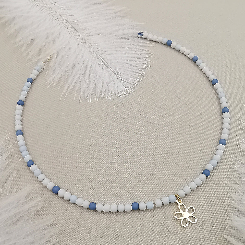 Collana da donna choker colore bianco celeste blue jeans con ciondolo fiore 35cm +5cm Oro