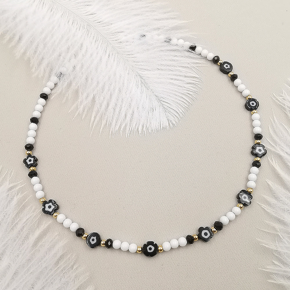 Collana da donna choker colore bianco nero con fiorellini 35cm +5cm oro