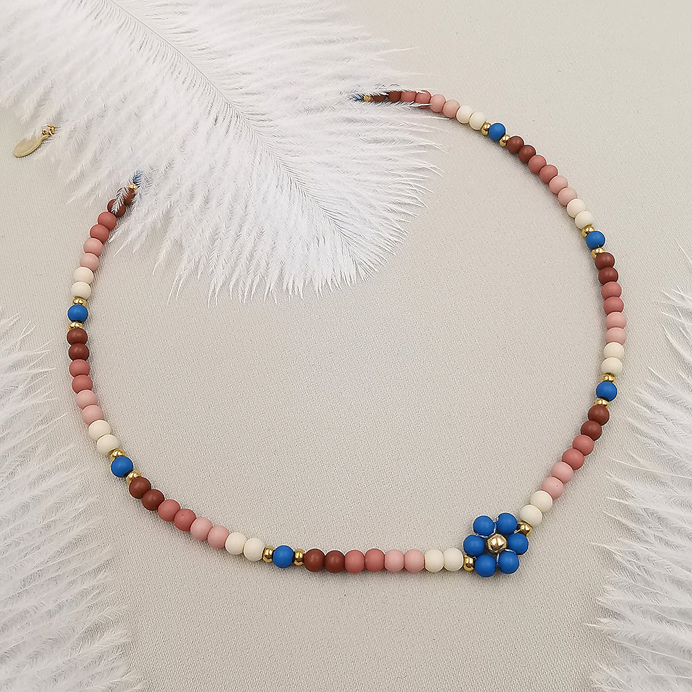 Collana da donna choker colore beige terracotta marrone blu con fiorellino centrale 35cm +5cm Oro