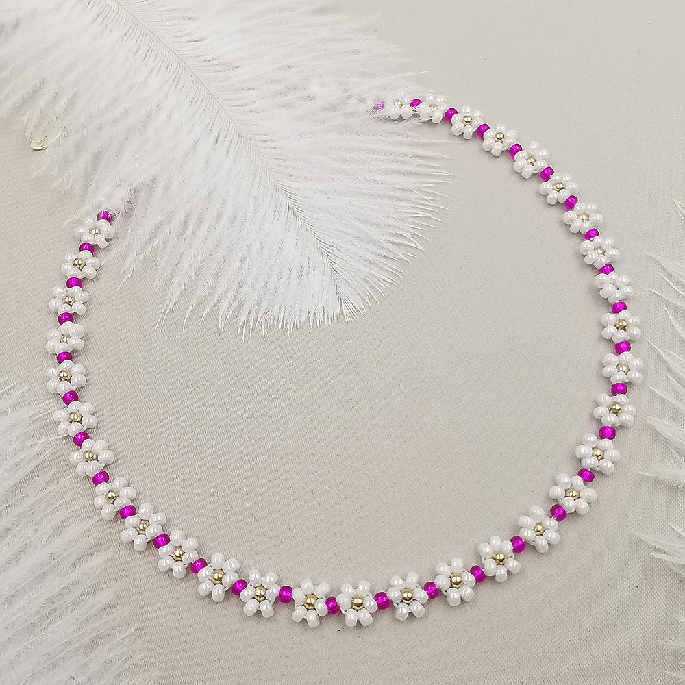 Collana da donna choker colore bianco fucsia con fiorellini 34cm +5cm oro