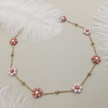 Carica l&#39;immagine nel visualizzatore di Gallery, Collana da donna choker  a catena con fiorellini rosa marroncino 37cm +5cm Oro
