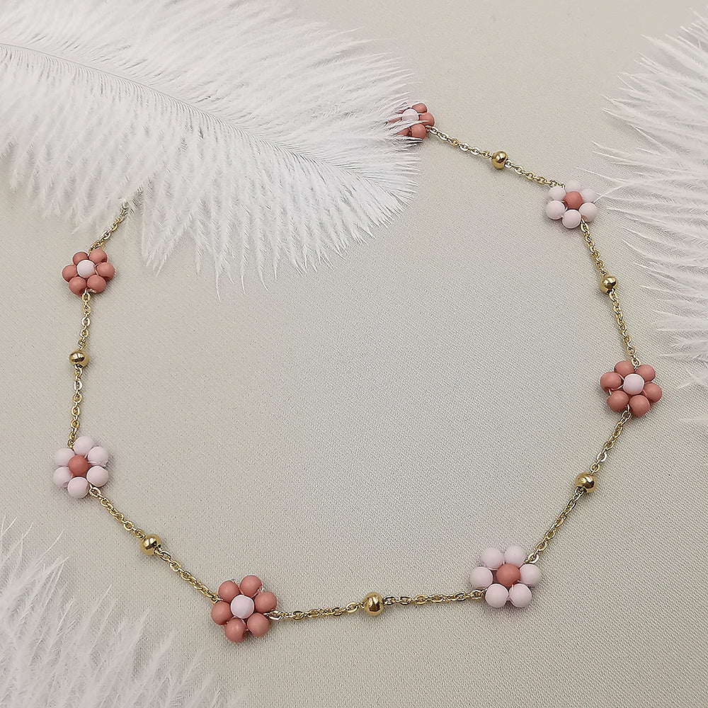 Collana da donna choker  a catena con fiorellini rosa marroncino 37cm +5cm Oro