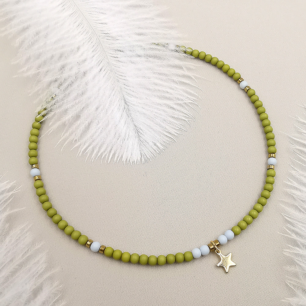 Collana da donna choker colore verde celeste con ciondolo stellina 36cm +5cm Oro