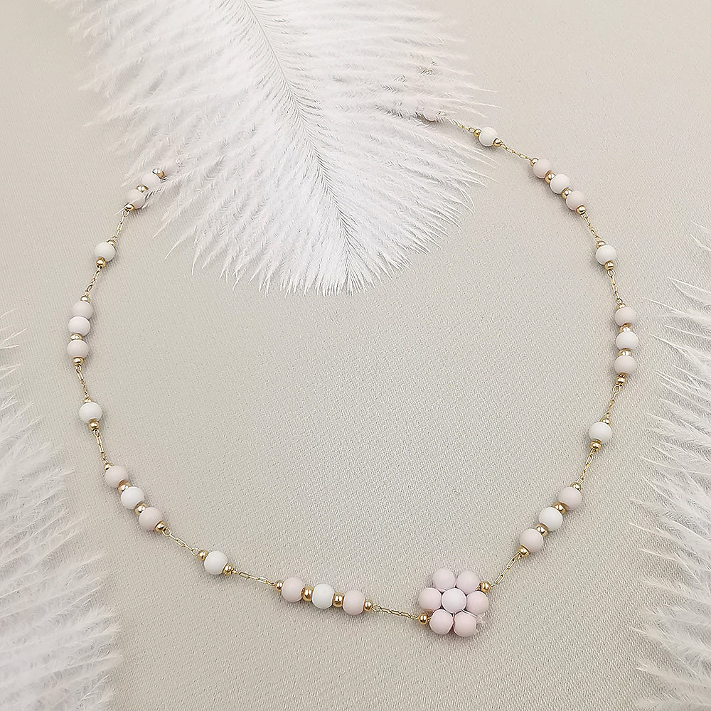 Collana da donna choker a catena colore rosa bianco con fiorellino 34cm +5cm Oro