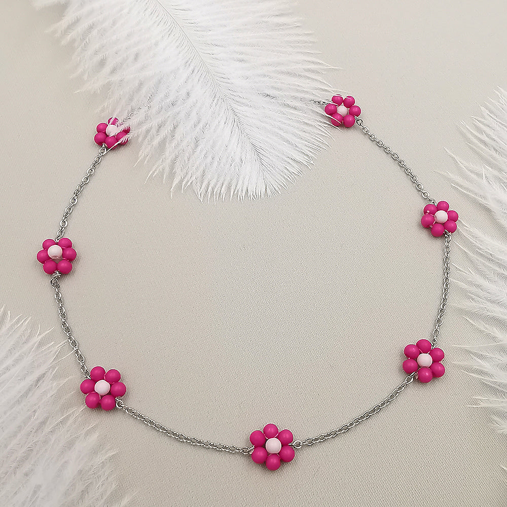 Collana da donna girocollo a catena con fiorellini fucsia  39cm +5cm Argento