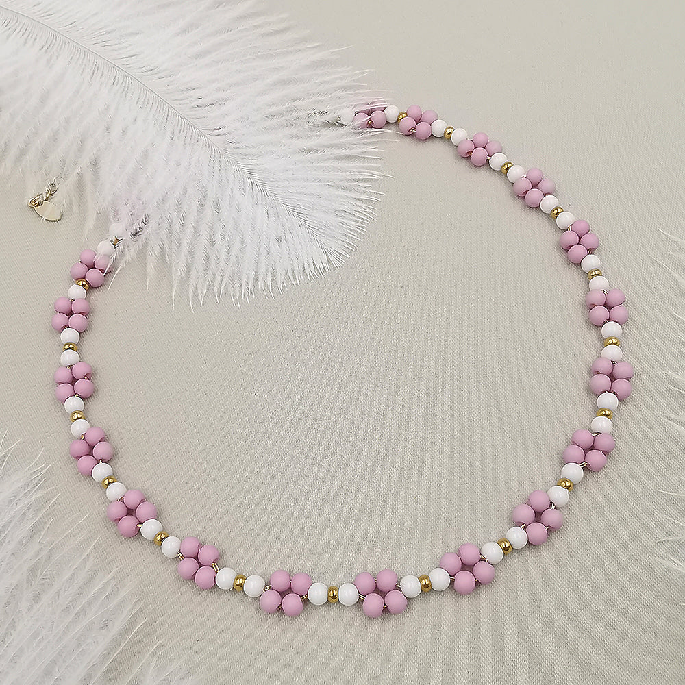 Collana da donna choker a treccia colore bianco rosa antico 37cm +5cm oro