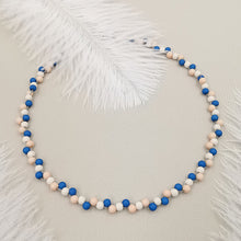 Carica l&#39;immagine nel visualizzatore di Gallery, Collana da donna choker a treccia beige pesca blu 36cm +5cm argento
