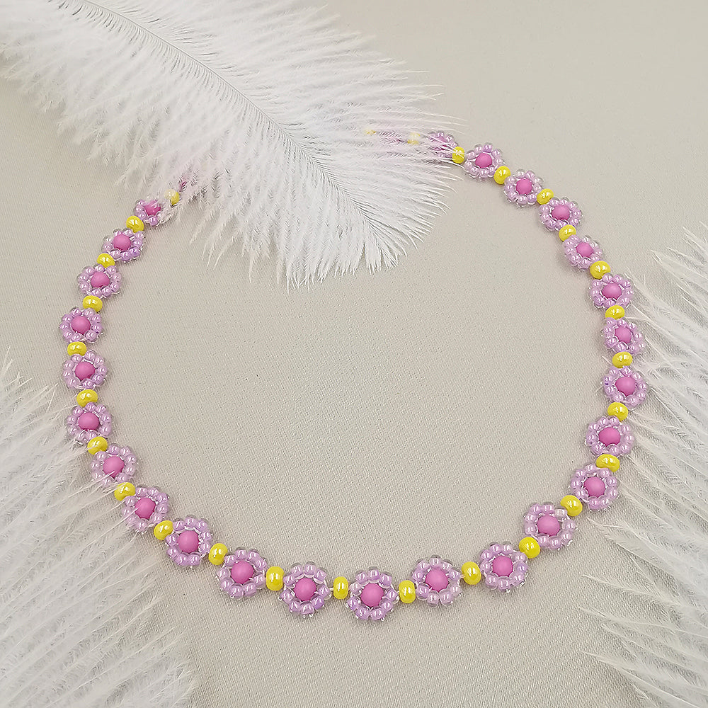 Collana da donna choker con fiorellini colore lilla giallo rosa 37cm +5cm argento